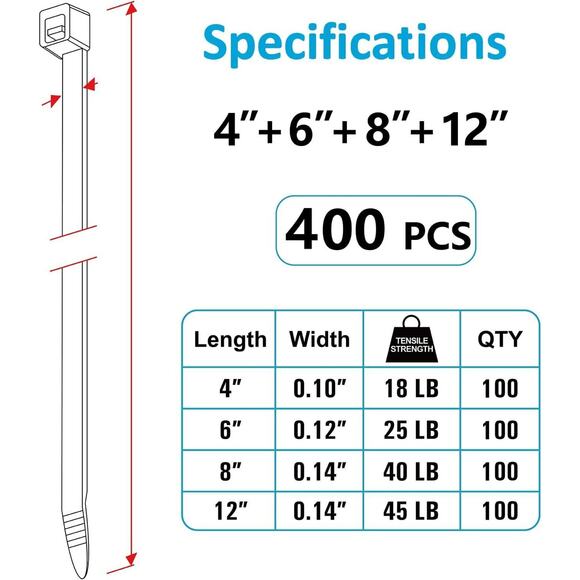 Zip Ties Assorted Sizes(4”+6”+8”+12”), 400 Pack, 4+6+8+12 (400 Pack), Black - Picture 2 of 7